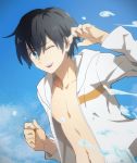  1boy bangs black_hair blue_eyes blue_sky bubble clouds cloudy_sky commentary_request darling_in_the_franxx day eyebrows_visible_through_hair hand_up highres hiro_(darling_in_the_franxx) hood hoodie kimidarli male_focus navel one_eye_closed open_clothes open_hoodie open_mouth short_hair sky solo water white_hoodie 