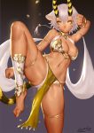  1girl animal_ears ariverkao armlet belphegor_(the_seven_deadly_sins) bikini bracelet breasts cleavage closed_mouth commentary_request dark_skin gradient gradient_background hair_between_eyes horns jewelry large_breasts navel one_leg_raised pelvic_curtain short_hair signature solo standing standing_on_one_leg swimsuit tail the_seven_deadly_sins thighlet white_hair yellow_eyes 