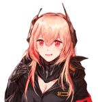  1girl armband bangs black_gloves blush fangs girls_frontline gloves hair_between_eyes hand_up headgear jacket long_hair looking_at_viewer m4_sopmod_ii_(girls_frontline) multicolored_hair open_mouth pink_hair prosthesis prosthetic_arm red_eyes scarf sidelocks silence_girl simple_background smile solo streaked_hair white_background 