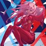  1girl aqua_eyes armlet bodysuit breasts candy darling_in_the_franxx eyeshadow food fringe green_eyes hairband holding_lollipop horns lollipop makeup medium_breasts oni_horns pilot_suit pink_hair red_bodysuit red_horns shiny shiny_hair sitting straight_hair white_hairband yume_ou zero_two_(darling_in_the_franxx) 