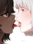  2girls albino bangs brown_hair close-up colored_eyelashes commentary_request dark_skin eye_contact eyebrows_visible_through_hair french_kiss grey_eyes half-closed_eyes interracial kiss lips looking_at_another medium_hair multiple_girls ohisashiburi open_mouth original pink_eyes profile saliva saliva_trail short_hair simple_background tongue tongue_out upper_teeth white_background white_hair yuri 