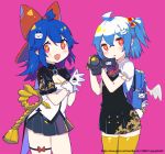  2girls :d ahoge backpack bag bag_charm bangs bili_girl_22 bili_girl_33 bilibili_douga black_shirt black_skirt blue_hair blush bow bowtie breasts camcorder charm_(object) cleavage eyebrows_visible_through_hair gloves hair_between_eyes hair_bobbles hair_bow hair_ornament head_tilt holding looking_at_viewer multiple_girls one_side_up open_mouth parted_lips pink_background pleated_skirt prophet_chu puffy_short_sleeves puffy_sleeves red_bow red_eyes red_neckwear shirt short_sleeves simple_background skirt small_breasts smile thigh-highs white_gloves white_shirt white_wings wings yellow_legwear 