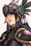  1girl armor black_armor black_hair breastplate feathers hankuri helmet hrist_valkyrie long_hair looking_away orange_eyes pauldrons smile solo spaulders valkyrie valkyrie_profile white_background 