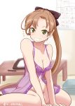  1girl 2017 akai_akasaki akigumo_(kantai_collection) blush breasts calendar cleavage drawing forehead green_eyes kantai_collection lingerie long_hair looking_at_viewer mole negligee pen seiza sitting smile table twitter_username underwear 