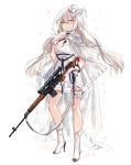  1girl absurdres blue_ribbon boots breasts bridal_veil cape character_request cleavage commentary dragunov_svd dress english_commentary eyebrows_visible_through_hair finger_to_face full_body girls_frontline gloves grey_eyes gun hair_between_eyes hair_ornament hairclip high_heel_boots high_heels highres holding holding_gun holding_weapon holster index_finger_raised large_breasts leg_garter long_hair looking_at_viewer low-tied_long_hair petals ribbon rifle shan silver_hair simple_background smile sniper_rifle solo standing strapless strapless_dress thigh_holster veil very_long_hair weapon white_background white_cape white_dress white_footwear white_gloves 