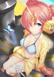  1boy 1girl bikini blue_bikini blue_eyes breasts bug butterfly charles_babbage_(fate/grand_order) cleavage closed_mouth collarbone commentary_request double_bun fate/grand_order fate_(series) feet frankenstein&#039;s_monster_(fate) frankenstein&#039;s_monster_(swimsuit_saber)_(fate) hair_ornament hair_over_one_eye hairclip headgear heterochromia highres horn insect jacket light_particles looking_at_viewer medium_breasts navel one_eye_covered pink_hair sebire shadow sitting sleeves_past_wrists swimsuit yellow_eyes yellow_jacket 