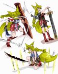 1girl :d absurdres animal_ears arrow blonde_hair boots braid doitsuken fang faulds fox_ears fox_tail hair_between_eyes hair_over_one_eye hands_on_hilt highres holding holding_shield holding_weapon knee_boots long_hair multiple_views one_eye_covered one_knee open_mouth original parted_lips red_eyes scabbard scimitar sheath shield single_braid smile sword tail two-handed weapon 