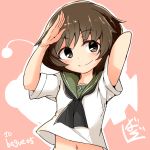  1girl adapted_uniform akiyama_yukari anglerfish arm_behind_head artist_name bangs barashiya black_neckwear blouse brown_eyes brown_hair closed_mouth emblem eyebrows_visible_through_hair girls_und_panzer head_tilt looking_at_viewer messy_hair navel neckerchief ooarai_school_uniform pink_background salute school_uniform serafuku short_hair short_sleeves signature smile solo standing twitter_username upper_body white_blouse 