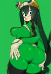  1girl :&gt; ass ass_grab asui_tsuyu black_eyes bodysuit boku_no_hero_academia breasts commentary deep_skin english_commentary eyes_visible_through_hair frog_girl from_behind goggles goggles_on_head green_background green_bodysuit hair_between_eyes hair_rings highres long_hair long_tongue looking_at_viewer looking_back low-tied_long_hair medium_breasts shiny shiny_clothes shiny_hair shiny_skin simple_background skin_tight slugbox solo spread_ass tongue tongue_out 
