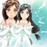  0014go 1girl black_hair blush breasts closed_mouth commentary_request dress final_fantasy final_fantasy_ix garnet_til_alexandros_xvii jewelry long_hair low-tied_long_hair necklace solo tears tiara very_long_hair wedding_dress white_dress 