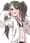  1girl absurdres bangs black_bra bra commentary_request copyright_request ears_visible_through_hair grey_eyes grey_hair highres long_hair looking_at_viewer navel open_clothes open_mouth open_shirt shirt smile solo underwear white_background white_shirt yamamoto_souichirou 