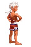  1boy absurdres barefoot dark_skin facial_mark feet highres long_hair looking_at_viewer looking_back male_focus original ponytail red_eyes shorts smile tan tank_top white_hair wu_genghui 