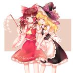  2girls :d apron ascot bare_shoulders blonde_hair blouse blush bow braid brown_eyes brown_hair commentary detached_sleeves frilled_shirt_collar frills gohei grin hair_bow hair_tubes hand_holding hat hat_bow highres interlocked_fingers kirisame_marisa large_bow long_hair looking_at_viewer multiple_girls open_mouth puffy_short_sleeves puffy_sleeves sarashi sash short_sleeves side_braid single_braid skirt skirt_set slimesushi smile touhou turtleneck waist_apron wavy_hair witch_hat yellow_eyes yuri 