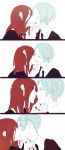  2others androgynous aqua_eyes aqua_hair chin_grab closed_eyes colored_eyelashes comic commentary_request eyes_visible_through_hair gem_uniform_(houseki_no_kuni) hair_over_one_eye highres houseki_no_kuni kiss multiple_others phosphophyllite red_eyes redhead shinsha_(houseki_no_kuni) short_hair silent_comic 