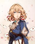  1girl blonde_hair blue_eyes blue_jacket braid brooch clivenzu commentary envelope hair_between_eyes hair_intakes hair_ribbon highres jacket jewelry looking_at_viewer red_ribbon ribbon violet_evergarden violet_evergarden_(character) white_neckwear 