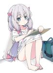  1girl bag barefoot blue_eyes bow eromanga_sensei full_body hair_bow ixy izumi_sagiri long_hair looking_at_viewer low-tied_long_hair pen pink_bow shirt silver_hair simple_background sitting sketchbook solo white_background white_shirt 