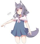  1girl animal_ears bangs blue_dress blush cowboy_shot cropped_legs dated dress eyebrows_visible_through_hair long_hair looking_at_viewer maze_(gochama_ze_gohan) original outstretched_arm purple_hair signature simple_background sleeveless sleeveless_dress solo tail violet_eyes white_background wolf_ears wolf_girl wolf_tail 