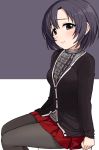  1girl black_coat black_hair black_legwear brown_eyes grey_background grey_shirt idolmaster idolmaster_cinderella_girls long_sleeves looking_at_viewer multicolored multicolored_background omaru_gyuunyuu pantyhose pleated_skirt red_skirt shiragiku_hotaru shirt short_hair skirt smile solo white_background 