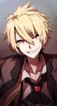  1boy ascot bangs black_neckwear blonde_hair brooch brown_jacket brown_vest collarbone collared_shirt evil_grin evil_smile eyebrows_visible_through_hair fate/prototype fate/prototype:_fragments_of_blue_and_silver fate_(series) grin hair_between_eyes head_tilt highres jacket jekyll_and_hyde_(fate) jewelry looking_at_viewer male_focus open_clothes open_vest red_eyes sharp_teeth shirt smile solo teeth v-shaped_eyebrows vest wada_kazu white_shirt 