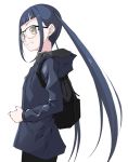  backpack bag bangs black-framed_eyewear blue_hair blunt_bangs blush brown_eyes cowboy_shot glasses hood hood_down jacket long_hair looking_to_the_side oogaki_chiaki parted_lips simple_background smile solo standing tomcat twintails very_long_hair yurucamp 