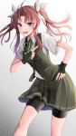  1girl :d bad_id bad_twitter_id bike_shorts black_gloves brown_hair collared_shirt commentary eyebrows_visible_through_hair fingerless_gloves gloves green_neckwear green_ribbon green_skirt green_vest grey_eyes hair_ribbon hand_on_hip highres kagerou_(kantai_collection) kantai_collection leaning_forward long_hair looking_at_viewer neck_ribbon no_ahoge open_mouth pleated_skirt pocket pointing remodel_(kantai_collection) ribbon school_uniform shirt short_sleeves shorts shorts_under_skirt simple_background skirt smile solo twintails vest white_background white_ribbon white_shirt yunamaro 