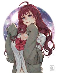  1girl ahoge blue_eyes breasts brown_hair commentary_request earrings gamerag ichinose_shiki idolmaster idolmaster_cinderella_girls jewelry lips long_hair signature solo wavy_hair 