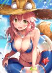  1girl absurdres ale_nqki animal_ears bikini blue_sky blurry blush breasts cleavage clouds depth_of_field eyebrows_visible_through_hair fate/grand_order fate_(series) fox_ears fox_tail hair_between_eyes hat highres innertube jewelry large_breasts looking_at_viewer navel necklace open_mouth pink_hair sand_dollar side-tie_bikini skindentation sky smile solo starfish straw_hat swimsuit tail tamamo_(fate)_(all) tamamo_no_mae_(swimsuit_lancer)_(fate) wet yellow_eyes 