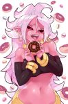  1girl android_21 bare_shoulders black_sclera bracelet breasts commentary detached_sleeves doughnut dragon_ball dragon_ball_fighterz ear_piercing earrings english_commentary fangs food highres hoop_earrings jewelry large_breasts long_hair looking_at_viewer majin_android_21 monster_girl navel neck_ring piercing pink_hair pink_skin pointy_ears red_eyes rtil solo strapless tongue tongue_out tubetop wide_hips 