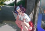  1205125290 1girl absurdres animal_ears blush brown_hair day highres horse_ears jacket jacket_removed multicolored_hair outdoors pink_shorts red_jacket short_hair shorts special_week squatting sweatband track_jacket track_uniform two-tone_hair umamusume violet_eyes wristband 
