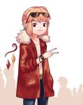  1girl alternate_costume belt belt_buckle blonde_hair bracelet brown_eyes buckle cowboy_shot eyewear_on_head flandre_scarlet fur_trim jacket jewelry long_sleeves looking_at_viewer nail_polish no_hat no_headwear pants pointy_ears side_ponytail silhouette simple_background smile solo sunglasses touhou v watch wings yoruny zipper 