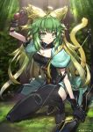  1girl animal_ears arm_up armlet arrow atalanta_(fate) bangs black_footwear black_gloves boots bow_(weapon) breasts cat_ears cat_tail cleavage collarbone day eyebrows_visible_through_hair fate/apocrypha fate_(series) forest gloves gradient_hair green_eyes green_hair hair_between_eyes highres holding holding_arrow holding_bow_(weapon) holding_weapon medium_breasts multicolored_hair nature one_knee outdoors short_sleeves solo tail tansan_daisuki thigh-highs thigh_boots weapon 