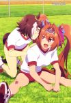  2girls absurdres animal_ears blue_scrunchie blush bow breasts brown_eyes brown_hair buruma daiwa_scarlet day eyebrows_visible_through_hair fang grass grin gym_shirt gym_uniform hair_between_eyes hair_bow hair_ornament hair_over_one_eye hair_scrunchie hands_on_another&#039;s_back hands_on_floor highres horse_ears horse_tail kneeling light_brown_hair long_hair looking_at_another magazine_scan medium_breasts megami multicolored_footwear multicolored_hair multiple_girls official_art open_mouth outdoors pink_bow race_track red_buruma red_eyes red_footwear scan scrunchie shirt shoes short_hair single_stripe sitting small_breasts smile socks tail teeth tiara two-tone_hair umamusume vodka_(umamusume) white_footwear white_hair white_legwear white_shirt yoshii_aoi 