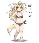  1girl :3 animal_ears arm_up bangs bare_arms bare_legs bare_shoulders barefoot bikini black_bikini blonde_hair blush breasts cleavage closed_mouth collarbone dog_ears dog_girl dog_tail eyebrows_visible_through_hair hair_between_eyes hair_ornament hair_ribbon hairclip halter_top halterneck kantai_collection kemonomimi_mode long_hair medium_breasts navel ponytail red_eyes remodel_(kantai_collection) ribbon solo sparkle standing swimsuit tail translated u-non_(annon&#039;an) very_long_hair white_background white_ribbon yuudachi_(kantai_collection) 