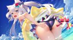  1girl adjusting_clothes adjusting_swimsuit animal_ears ass azur_lane bangs bell bikini bikini_skirt bird blue_eyes blue_sky blush bow cat_ears cat_tail chick clouds commentary_request day dutch_angle eyebrows_visible_through_hair fang flower frilled_bikini frills from_behind hair_bow hair_flower hair_ornament hair_rings hammann_(azur_lane) horizon innertube izumi_sai jingle_bell leaning_forward lifebuoy long_hair looking_at_viewer looking_back ocean open_mouth outdoors ribbon sky solo standing star star_print swimsuit tail tail_bell tail_ribbon tan tanline twintails wading water white_hair 