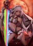  1girl absurdres altera_(fate) arm_warmers blueriest expressionless fate/grand_order fate_(series) fingernails full_body highres kneeling long_hair looking_at_viewer moon nail_polish pixiv_fate/grand_order_contest_2 red_eyes red_moon solo sword weapon white_hair 