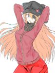  1girl arms_behind_head black_hat blue_eyes blush eyepatch fusegi_midori hat jacket long_hair long_sleeves looking_at_viewer mouth_hold neon_genesis_evangelion orange_hair pants red_jacket red_pants simple_background solo souryuu_asuka_langley white_background 