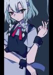  1girl absurdres aie apron black_bow bow braid cigarette hair_bow highres holding holding_cigarette izayoi_sakuya maid_headdress nail_polish red_eyes red_nails short_sleeves silver_hair smoke solo touhou twin_braids waist_apron 