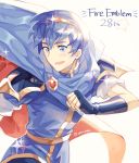  1boy absurdres armor blue_eyes blue_hair cape fire_emblem fire_emblem:_mystery_of_the_emblem gloves highres male_focus marth open_mouth short_hair simple_background smile solo tecchen tiara white_background 