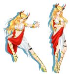  1girl anunnaki blonde_hair bracelet contrapposto full_body graphite_(medium) greek_mythology high_heels highres horns jewelry long_hair looking_at_viewer mechanical_pencil midriff navel original pencil pose red_eyes shawl smile standing tachi-e traditional_media white_background 