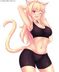  1girl animal_ears arm_up armpits bike_shorts blonde_hair breasts cat_ears cat_tail cleavage cowboy_shot eyebrows_visible_through_hair fast-runner-2024 highres large_breasts long_hair looking_at_viewer midriff navel one_eye_closed original red_eyes simple_background solo sports_bra standing tail tiffy watermark web_address yawning 