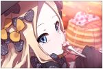  1girl abigail_williams_(fate/grand_order) bangs black_bow black_dress black_hat blonde_hair blue_eyes blurry blurry_background blush bow closed_mouth depth_of_field dress eating fate/grand_order fate_(series) food forehead fork hair_bow hat head_tilt holding holding_fork long_hair long_sleeves looking_at_viewer looking_back orange_bow pancake parted_bangs polka_dot polka_dot_bow sleeves_past_fingers sleeves_past_wrists solo stack_of_pancakes stuffed_animal stuffed_toy teddy_bear wada_kazu 