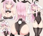  1girl :o animal_ears ass bare_shoulders bent_over black_legwear black_leotard blush breast_hold breasts bunny_pose bunny_tail bunnysuit cleavage commentary_request covered_navel detached_collar elbow_gloves expressionless fox_mask from_behind gloves hair_between_eyes hands_on_floor hata_no_kokoro heart heart_hands large_breasts leotard long_hair looking_at_viewer mask mask_on_head multiple_views pink_eyes pink_hair rabbit_ears shinori simple_background skin_tight tail touhou white_gloves 