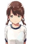  1girl bangs brown_eyes brown_hair kantai_collection looking_at_viewer low_twintails matsutani parted_bangs shirayuki_(kantai_collection) shirt short_hair short_twintails simple_background solo twintails upper_body white_background white_shirt 