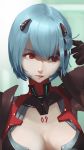  1girl adapted_costume alternate_breast_size ayanami_rei bangs bodysuit breasts cleavage cleavage_cutout eyebrows hairpods hand_in_hair high_collar large_breasts lips neon_genesis_evangelion plugsuit red_eyes solo vafar7 