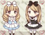  2girls :&gt; blonde_hair blush bow chibi dress grey_eyes hair_bow jessica_(jinrou_judgment) jinrou_judgment long_hair looking_at_viewer mikurun multiple_girls pantyhose sandra_(jinrou_judgment) siblings sisters smile twins white_legwear 