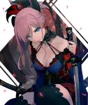  1girl bare_shoulders blue_eyes breasts bridal_gauntlets cleavage collar fate/grand_order fate_(series) hair_between_eyes holding holding_sword holding_weapon japanese_clothes kimono long_hair looking_at_viewer magatama medium_breasts miyamoto_musashi_(fate/grand_order) petals pink_hair ponytail shadow sketch sleeveless sleeveless_kimono solo sword thigh-highs tree upper_body walzrj weapon 