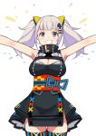  1girl :d arms_up bangs bare_shoulders black_dress blue_eyes blush breasts cleavage cleavage_cutout dress eyebrows_visible_through_hair fang grin hair_ornament hairclip kaguya_luna kaguya_luna_(character) large_breasts looking_at_viewer medium_hair obi open_mouth outstretched_arms saiste sash sidelocks silver_hair simple_background sleeveless sleeveless_dress smile solo teeth thigh-highs twintails virtual_youtuber white_background 