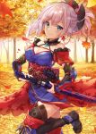  1girl autumn_leaves bangs bare_shoulders black_legwear blue_eyes blue_kimono blush closed_mouth commentary_request day detached_sleeves earrings eyebrows_visible_through_hair fate/grand_order fate_(series) hair_between_eyes hair_ornament hitsukuya holding holding_sheath holding_sword holding_weapon japanese_clothes jewelry katana kimono leaf_earrings leaf_print long_hair long_sleeves maple_leaf_print miyamoto_musashi_(fate/grand_order) obi outdoors pink_hair ponytail sandals sash sheath sleeveless sleeveless_kimono sleeves_past_wrists smile solo standing standing_on_one_leg sword thigh-highs tree unsheathing weapon 