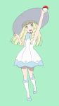  armpits blonde_hair blue_footwear dress green_eyes hat highres lillie_(pokemon) pokemon pokemon_(game) pokemon_sm saitoyu00 simple_background socks sundress white_dress white_hat 