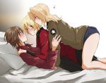  3girls blonde_hair blue_eyes blush bomber_jacket brown_hair darjeeling girl_sandwich girls_und_panzer hair_between_eyes hair_intakes hands_on_another&#039;s_shoulders heart jacket kay_(girls_und_panzer) kuromorimine_military_uniform long_hair long_sleeves lying multiple_girls naughty_face nishizumi_maho on_back pillow sandwiched saunders_military_uniform short_hair smile st._gloriana&#039;s_military_uniform straddling thighs yuri yuuhi_(arcadia) 